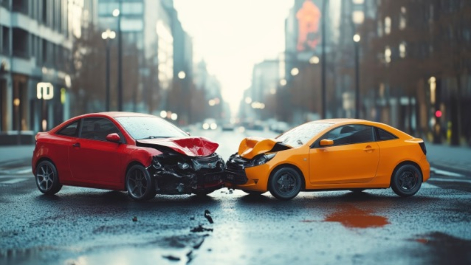 Two cars, a red one and an orange one, are involved in a collision on a wet city street. The morning light reflects off the pavement, illuminating the damage and creating an intense atmosphere.