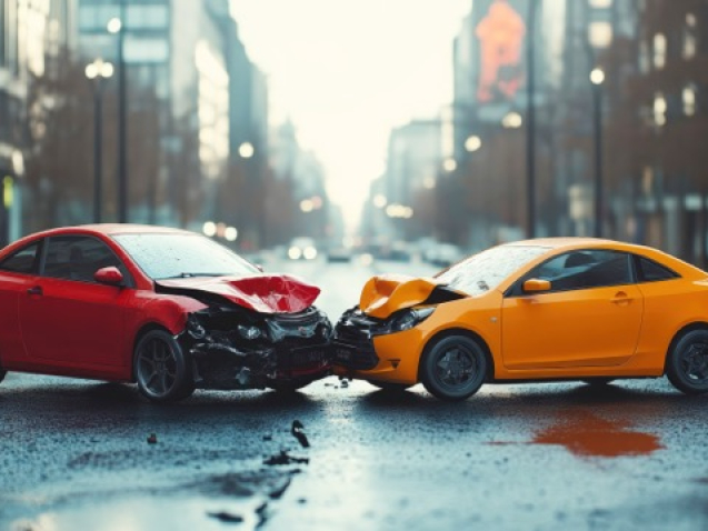 Two cars, a red one and an orange one, are involved in a collision on a wet city street. The morning light reflects off the pavement, illuminating the damage and creating an intense atmosphere.