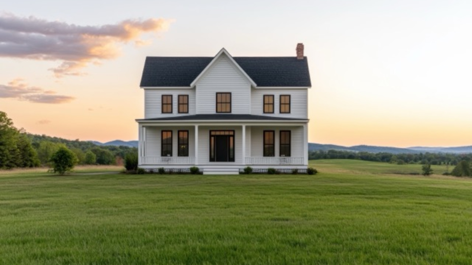 Charming White House in a Scenic Field Real Estate Photography Open Background Copyspace